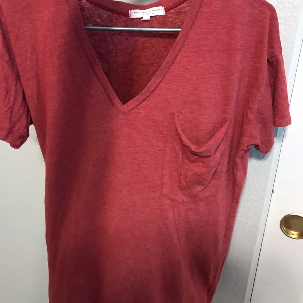 Red Urban Outfitters V neck pocket Tee